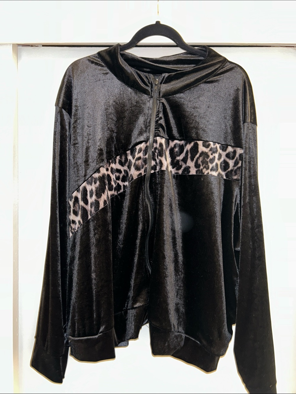 Ashley Stewart Black Velvet Zip Hoodie with Leopard Band